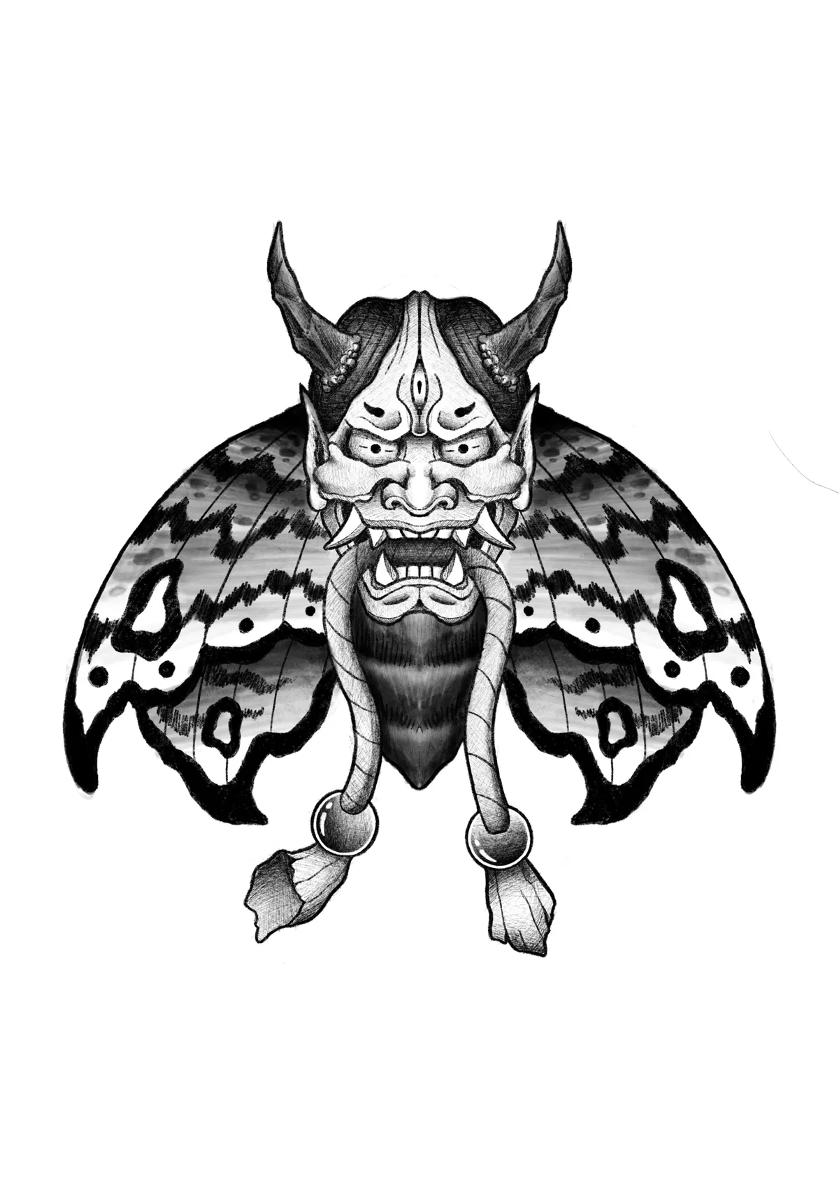 An intricate black and grey moth with an oni mask, original artwork by Brodie Bailey.